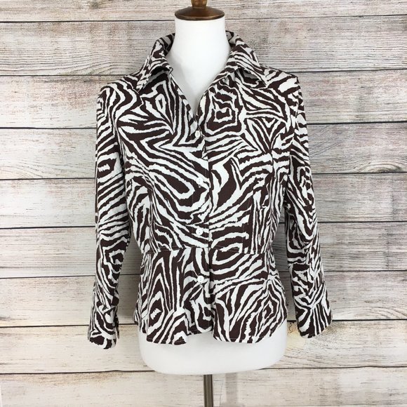 David N Linen Blend Top Button Up Peplum Waist Short Animal Print Women's M - Picture 1 of 7